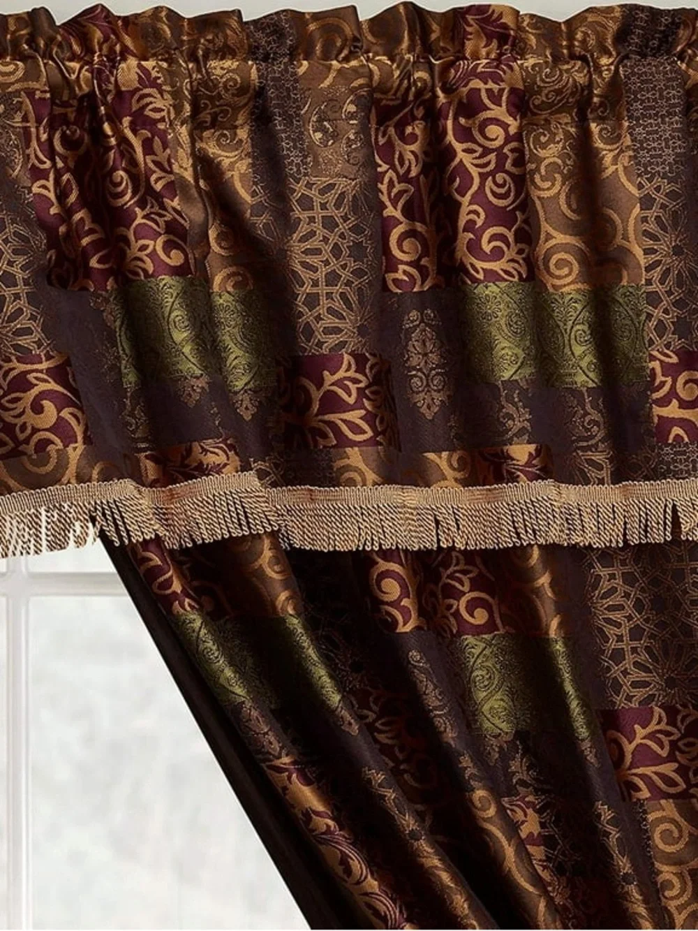 Elegant Brown Jacquard Window Curtain Set with Gold Trim set